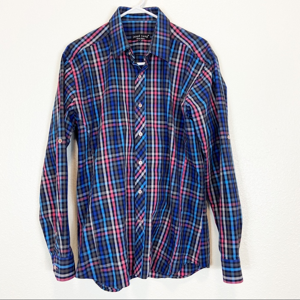 Jared Lang Plaid Button Down Shirt Roll Tab Sleev… - image 1